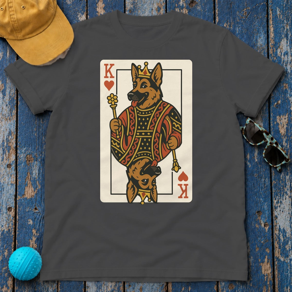 King German Shepherd Playing Card Game Design T-Shirt in Dark Heather