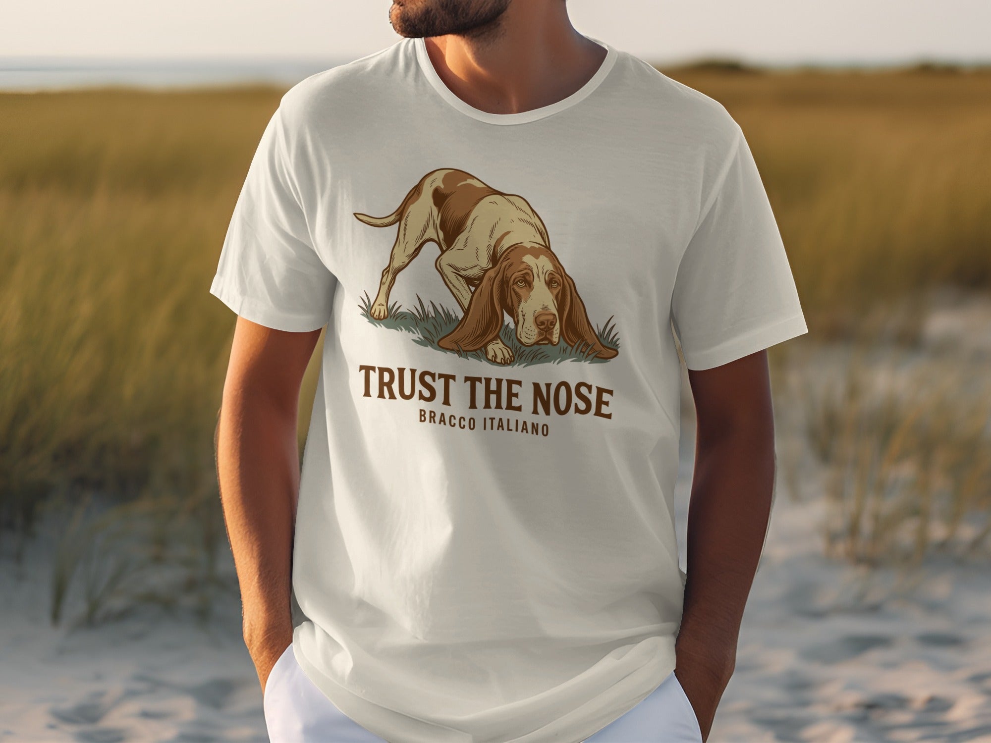 White t-shirt with a Bracco Italiano dog graphic and text.
