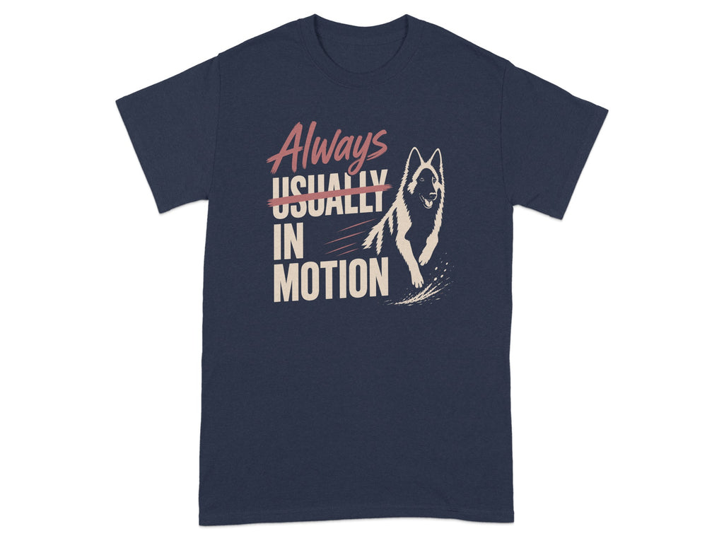 Navy t-shirt with "Always Usually In Motion" text and a running dog graphic.