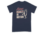 Navy t-shirt with "Always Usually In Motion" text and a running dog graphic.