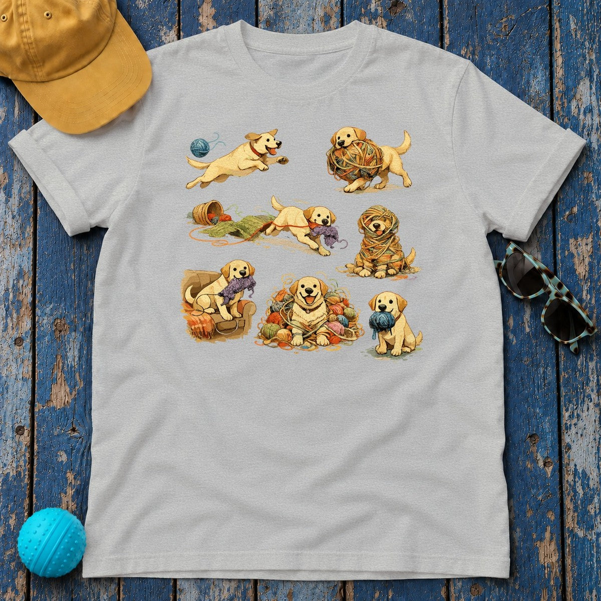 Playful Labrador & Yarn Watercolor T-shirt in Sport Grey