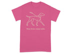 Pink t-shirt with line art dog and "Slow down, enjoy walks" text.