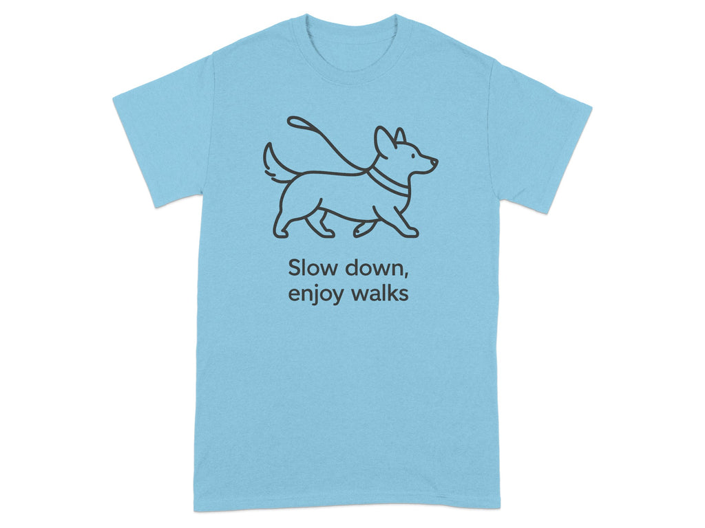 Light blue t-shirt with a line drawing of a dog on a leash and text.