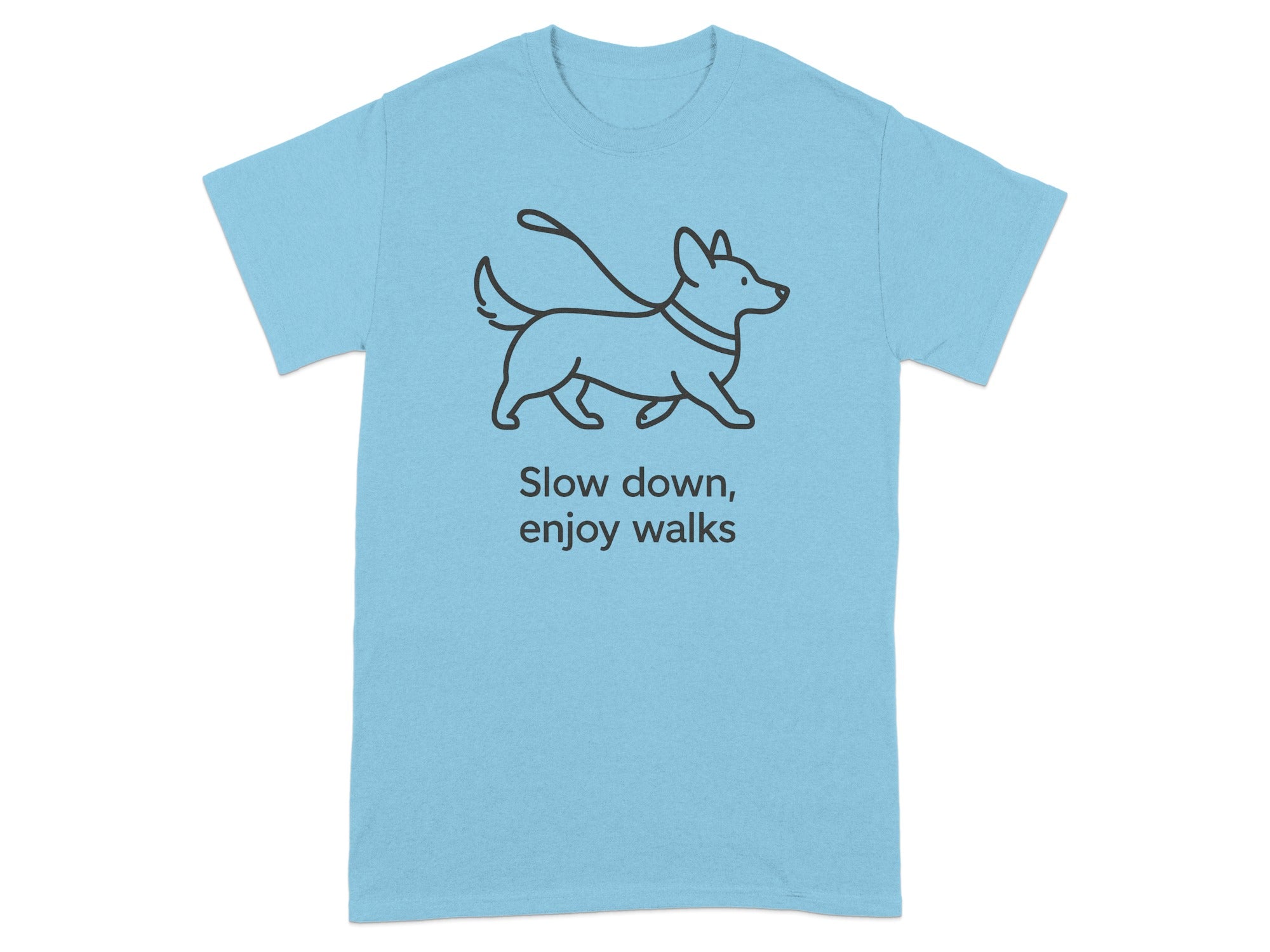Light blue t-shirt with a line drawing of a dog on a leash and text.