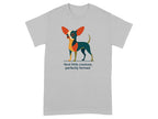 Stylized dog illustration on grey t-shirt with text "feral little creature, perfectly formed".