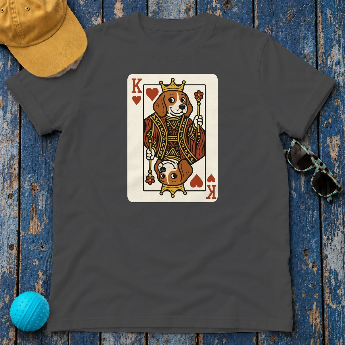 King Of Hearts Cute Beagle Playing Card Funny Deck T-Shirt in Dark Heather