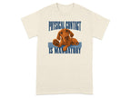 Cream t-shirt with a dog on a blue rug and the text "PHYSICAL CONTACT IS MANDATORY".