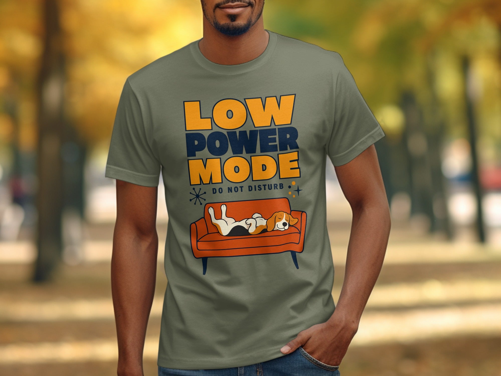 T-shirt with orange text "LOW POWER MODE DO NOT DISTURB" and a sleeping dog.