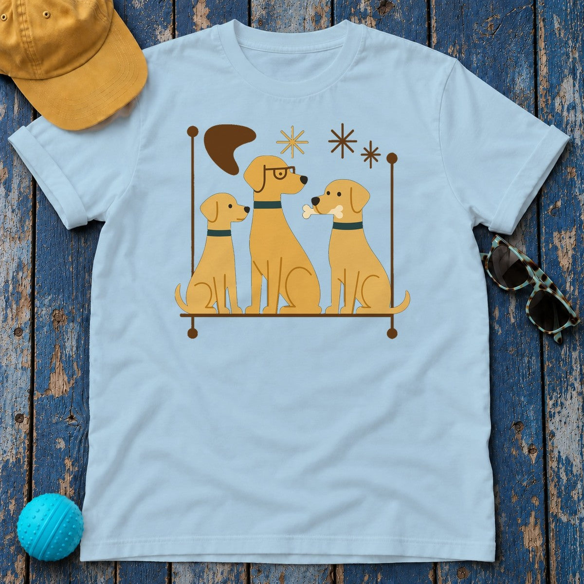 Mid-Century Yellow Labs T-Shirt in Light Blue