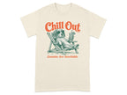 Dog wearing sunglasses relaxing in a chair, text "Chill Out" and "Zoomies Are Inevitable".