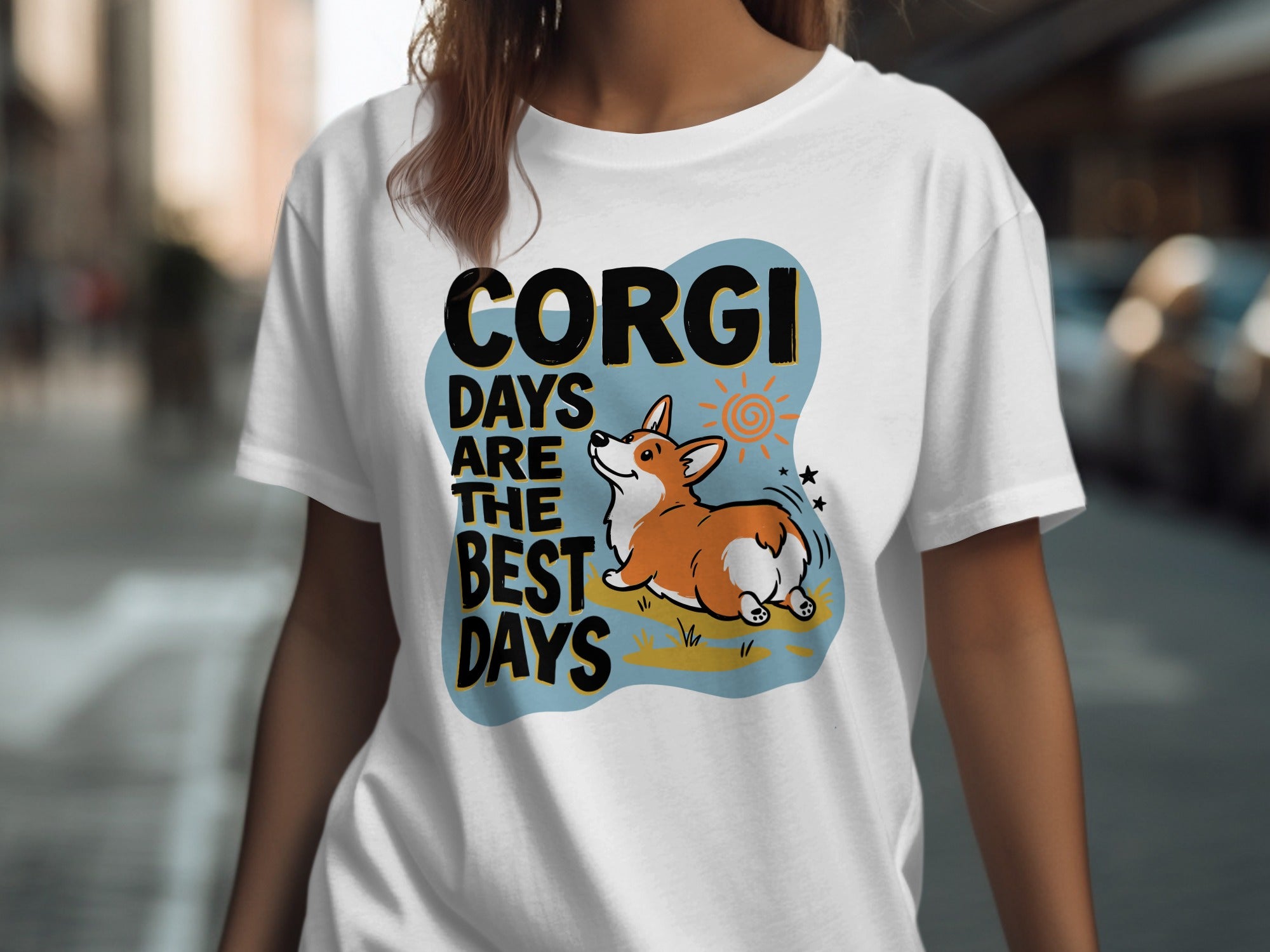 White t-shirt with "Corgi Days Are The Best Days" text and cartoon corgi.