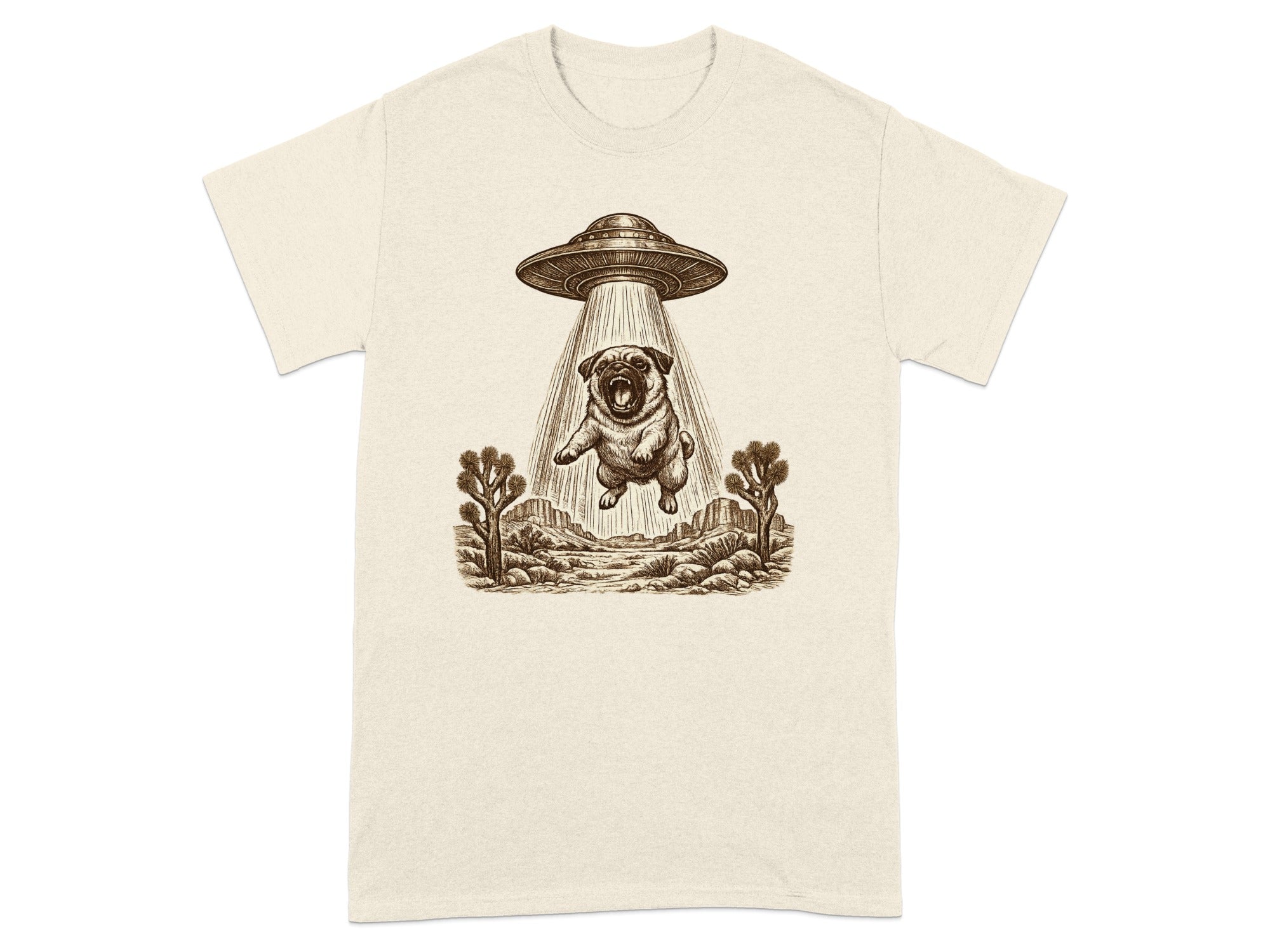 Pug being abducted by a UFO in a desert landscape.