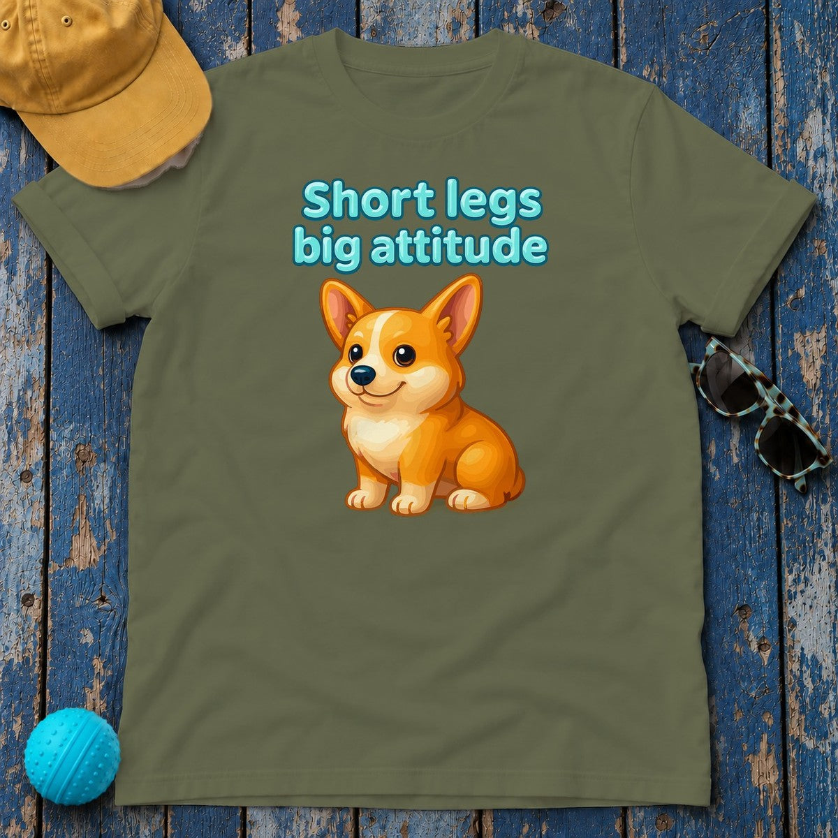 Short Legs Big Attitude T-Shirt, Corgi Dog Shirt, Cute Puppy T-shirt, Funny Animal Shirt, Sassy Dog Lover Gift, Cartoon Dog Apparel in Military Green