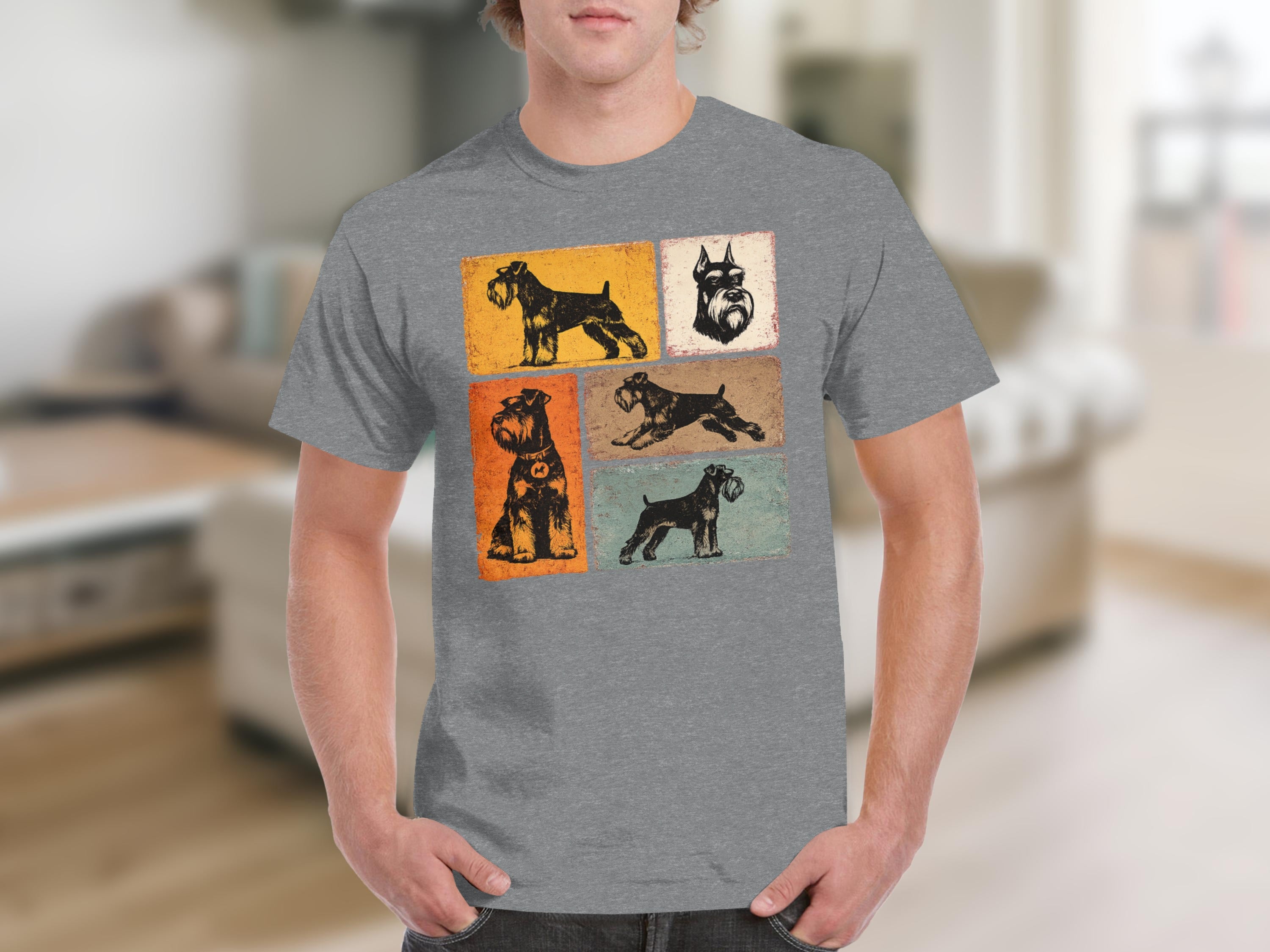 Grey t-shirt featuring a collage of five vintage-style schnauzer dog illustrations.