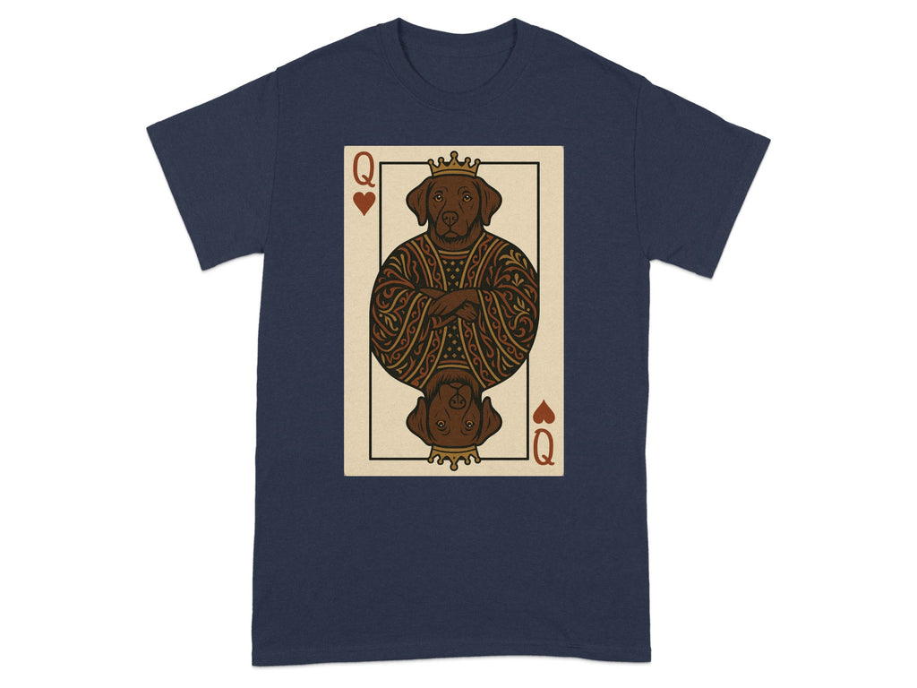 Queen of Hearts card with a chocolate lab wearing a crown and ornate robe.