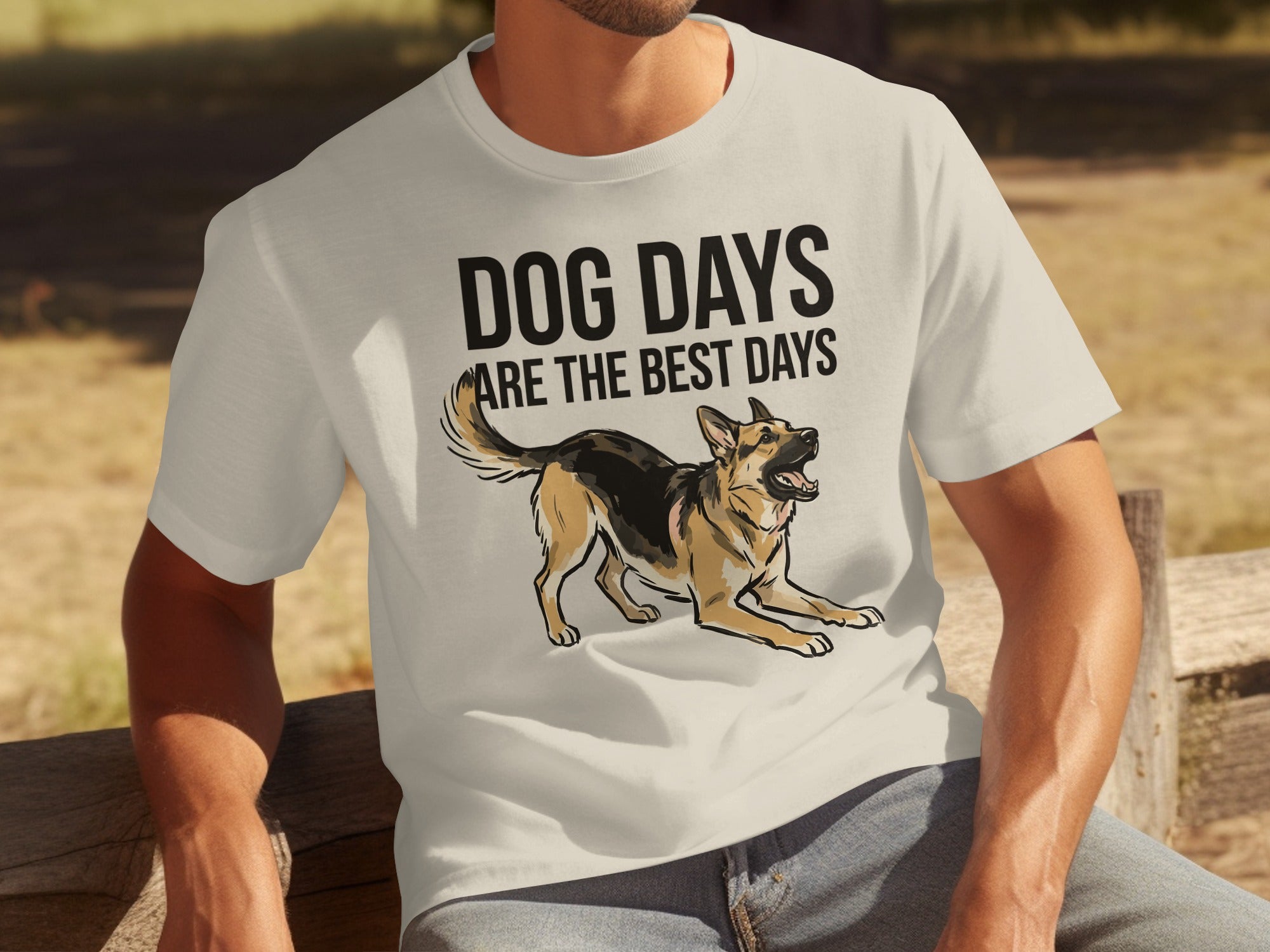 T-shirt with "Dog Days Are The Best Days" text and German Shepherd illustration.