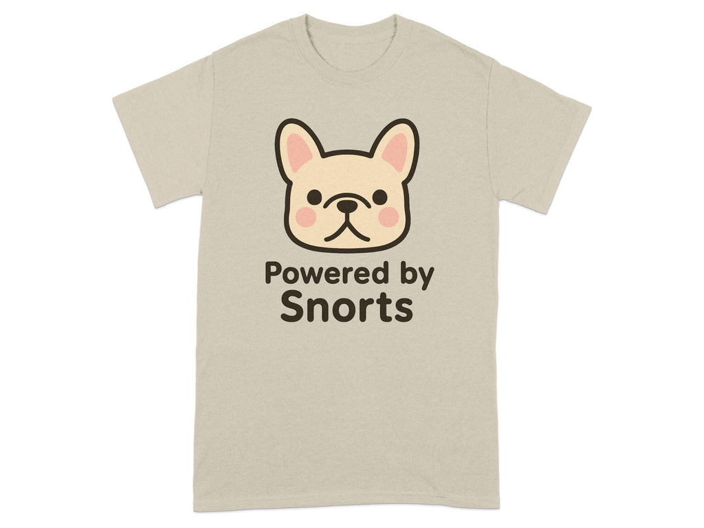 T-shirt with cartoon French bulldog face and text "Powered by Snorts".