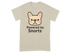 T-shirt with cartoon French bulldog face and text "Powered by Snorts".