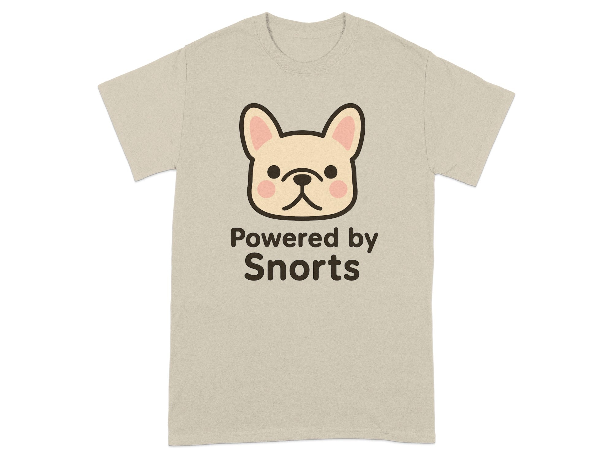 T-shirt with cartoon French bulldog face and text "Powered by Snorts".