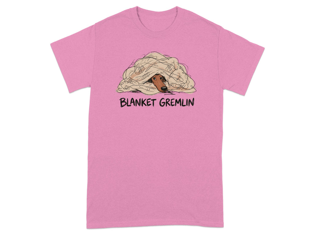 Pink t-shirt with "BLANKET GREMLIN" text and dog peeking from blanket.