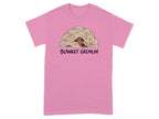 Pink t-shirt with "BLANKET GREMLIN" text and dog peeking from blanket.
