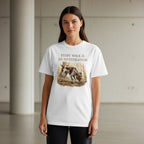 White t-shirt with illustration of a German Shorthaired Pointer and text "EVERY WALK IS AN INVESTIGATION".