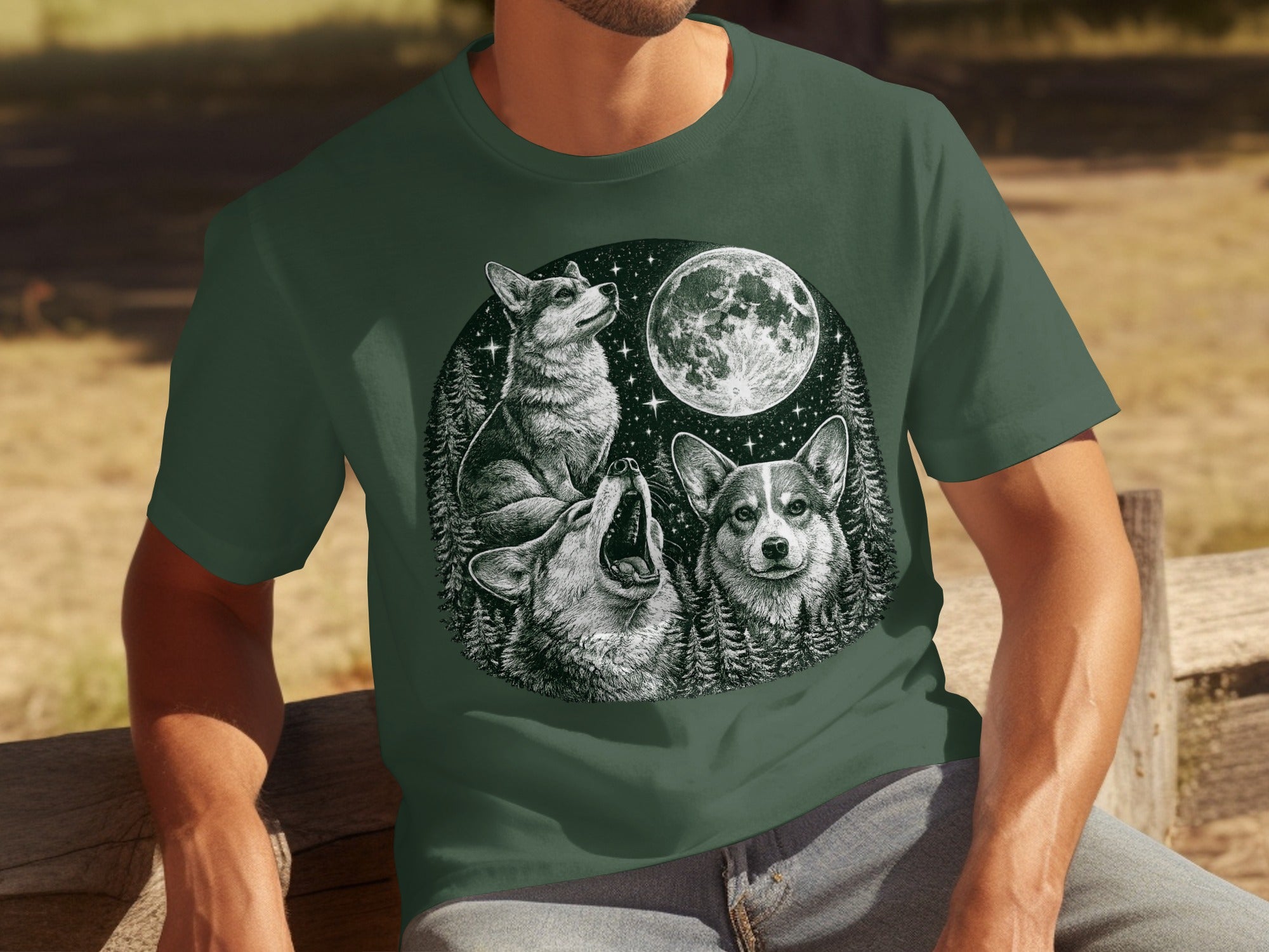 Three corgis sit in a forest under a full moon with stars.