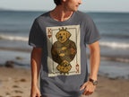 King of Hearts playing card t-shirt featuring a golden retriever wearing a crown and ornate clothing.