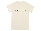Cream t-shirt with blue dachshund illustrations in various playful poses across the chest.