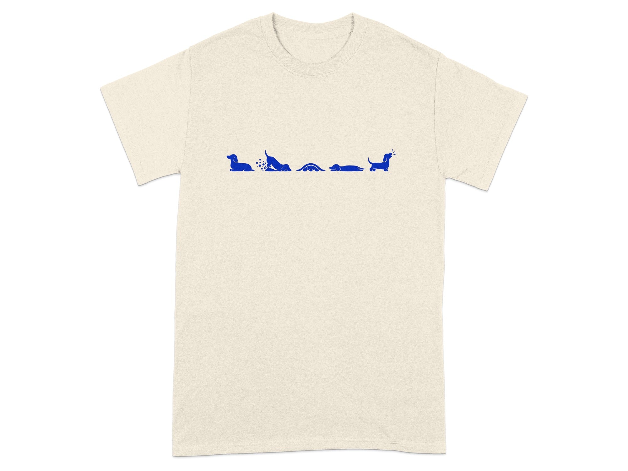 Cream t-shirt with blue dachshund illustrations in various playful poses across the chest.