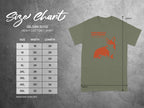 Gildan 5000 t-shirt size chart with measurements and a corgi graphic.