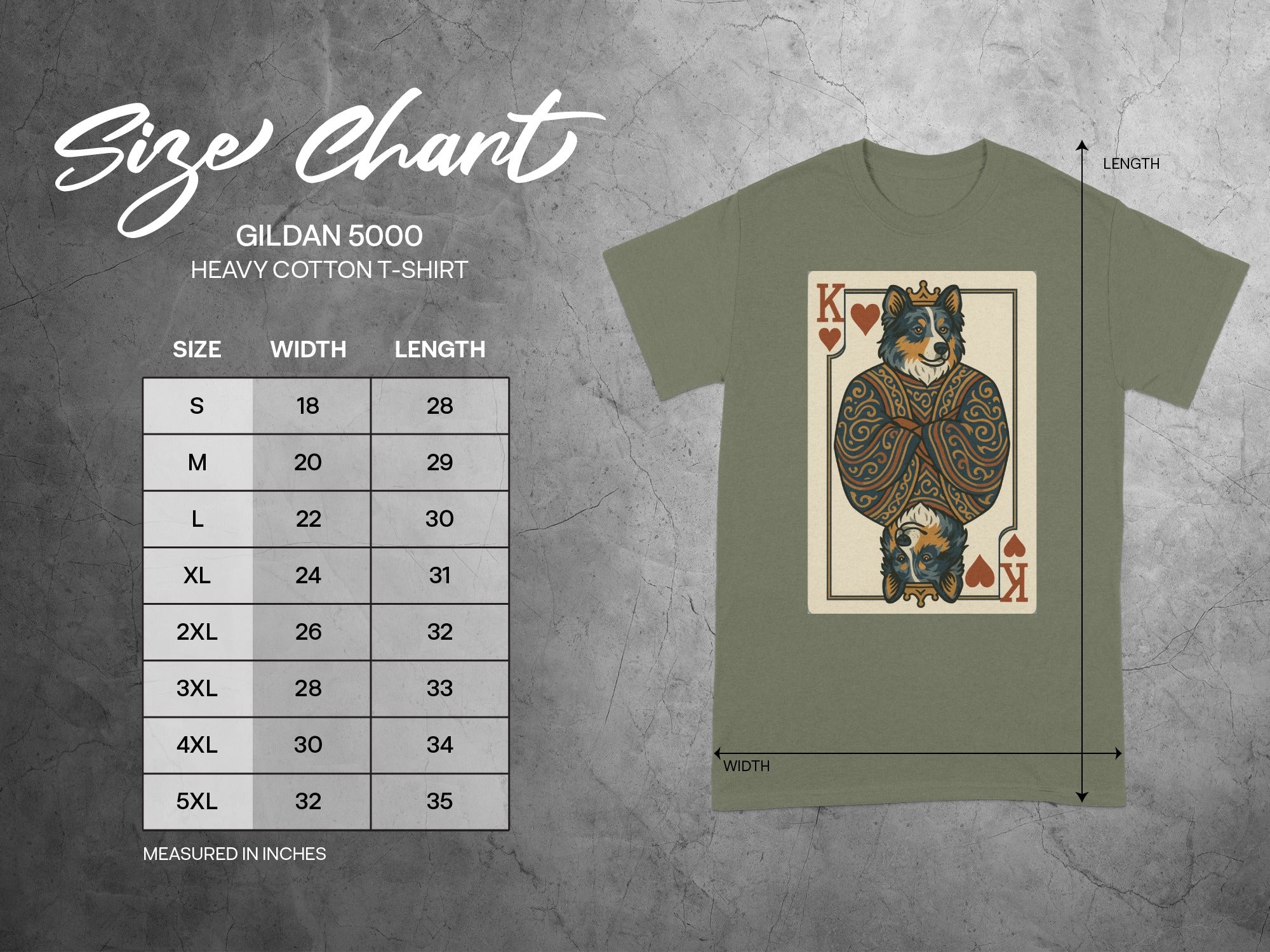 Gildan 5000 Heavy Cotton T-Shirt size chart with width and length measurements.