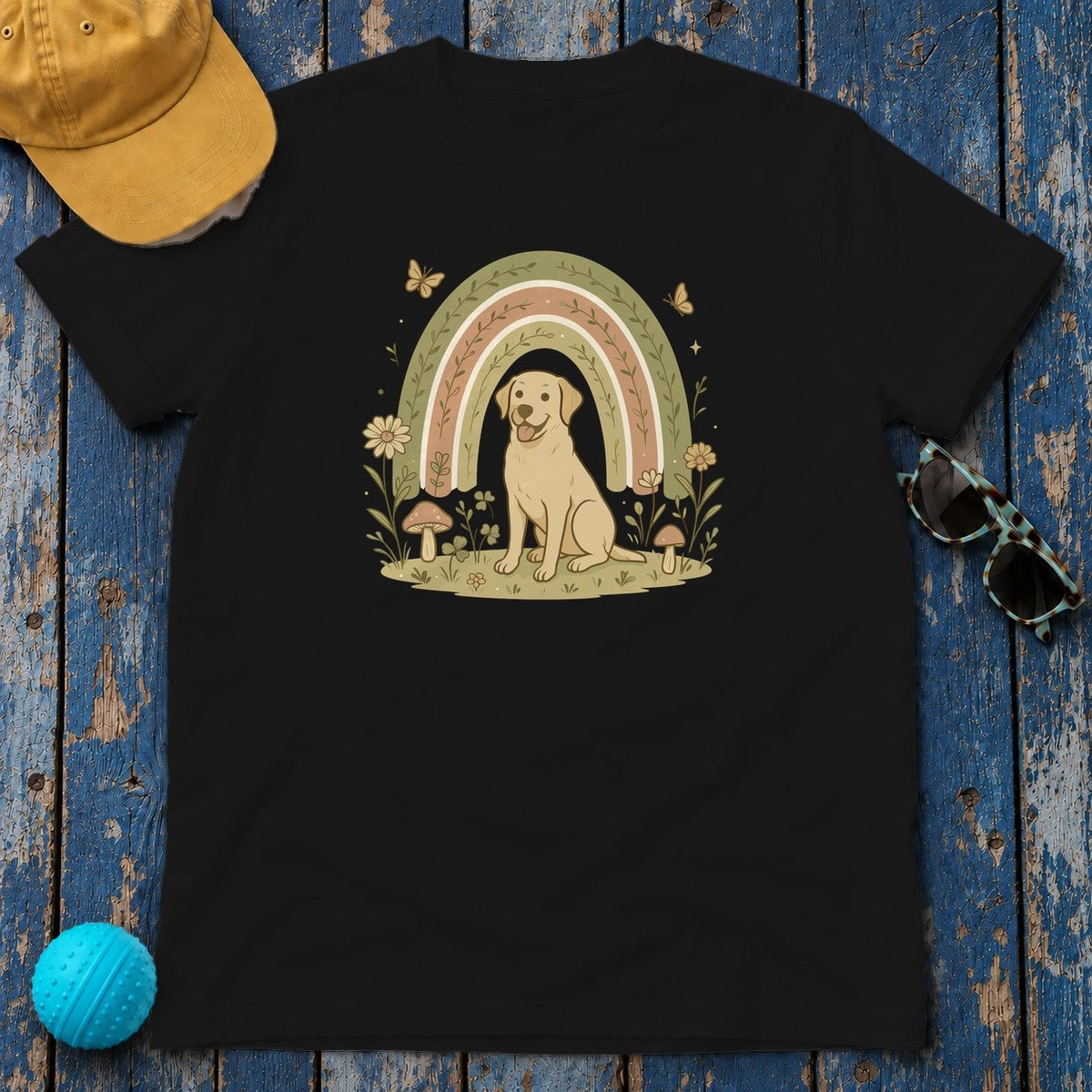 Adorable Labrador in Garden with Rainbow Graphic T-Shirt in Black
