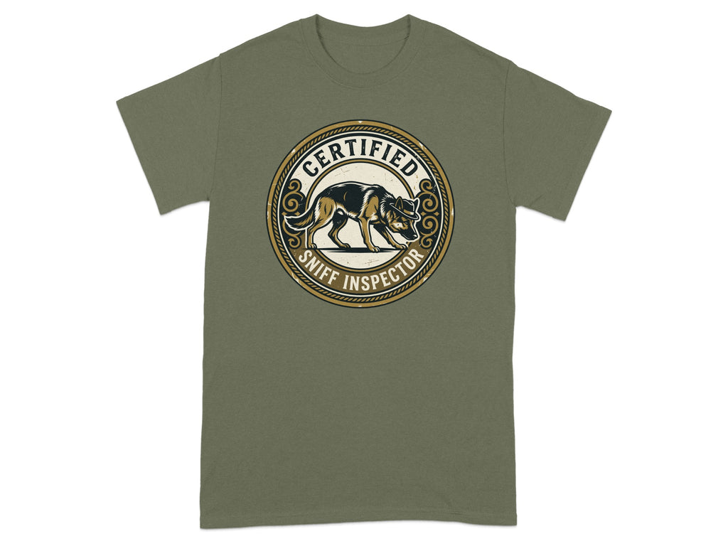 Olive green t-shirt with a circular graphic of a German Shepherd, "Certified Sniff Inspector" text.