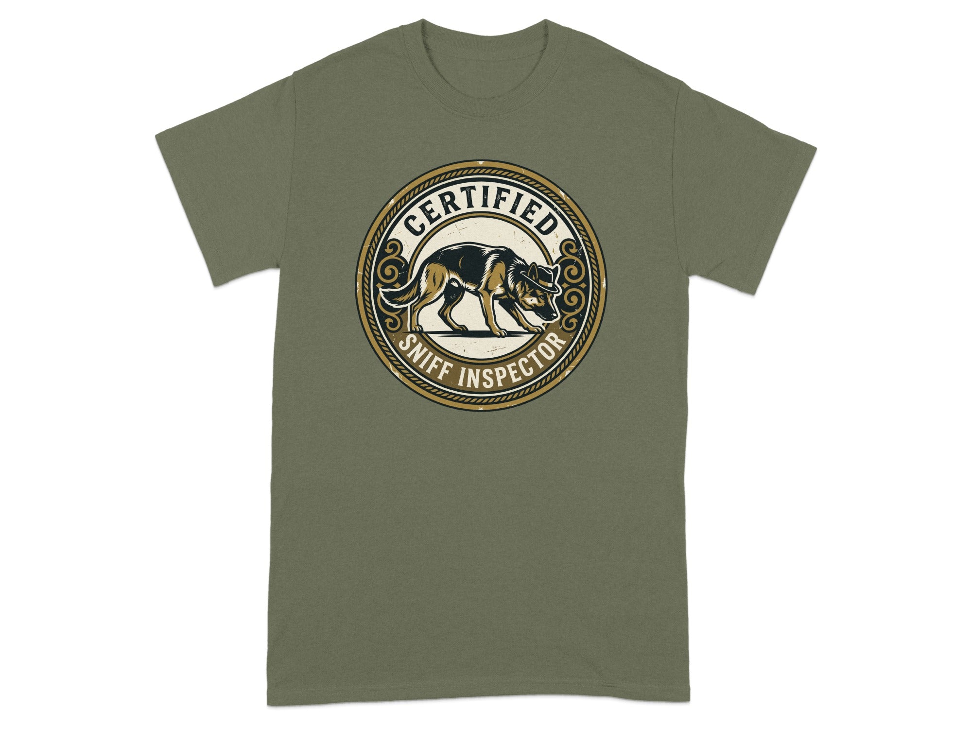 Olive green t-shirt with a circular graphic of a German Shepherd, "Certified Sniff Inspector" text.