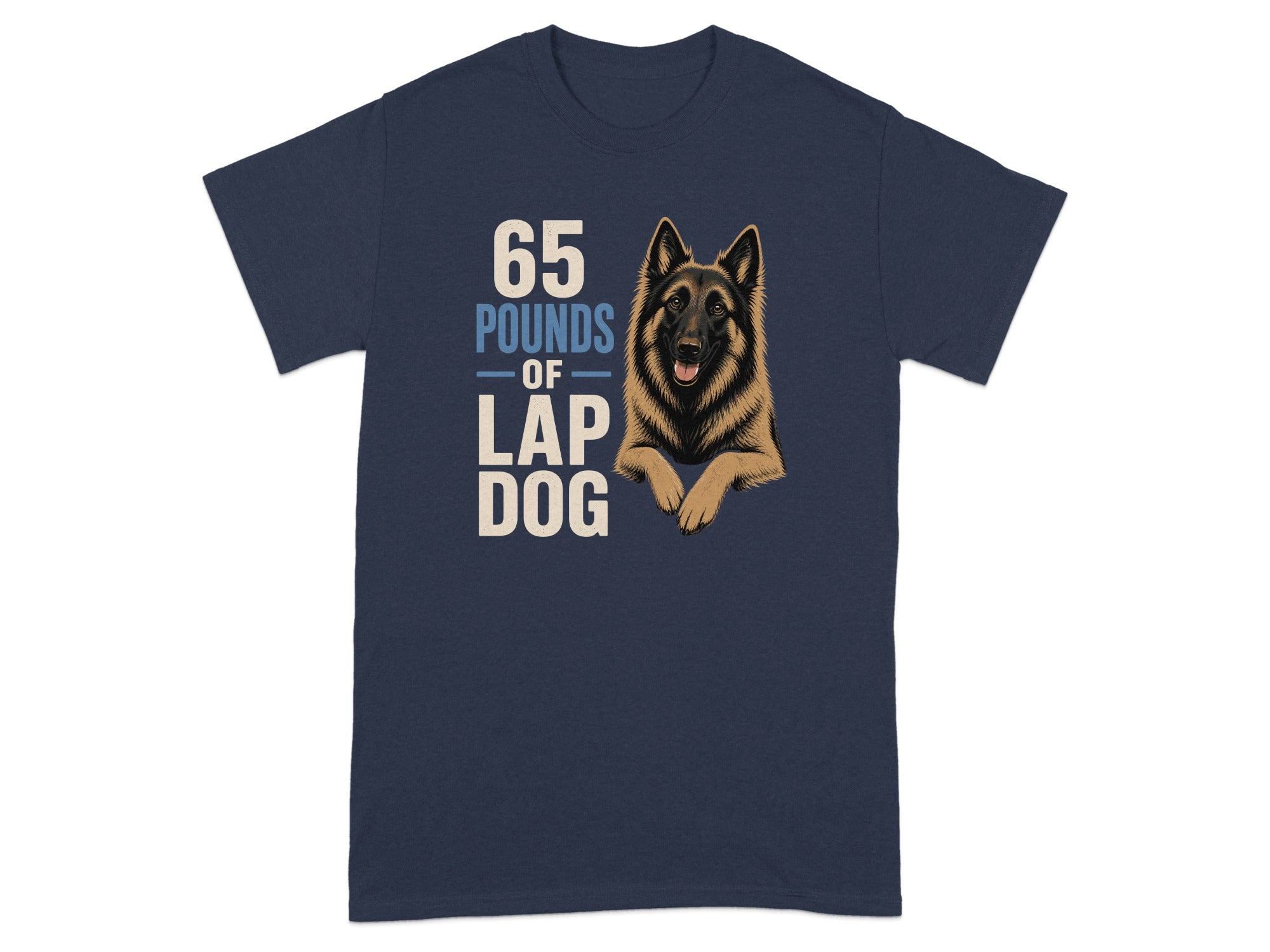 Navy t-shirt with German Shepherd graphic and text "65 pounds of lap dog".