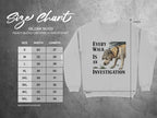 Gildan 18000 sweatshirt size chart with "Every walk is an investigation" graphic.