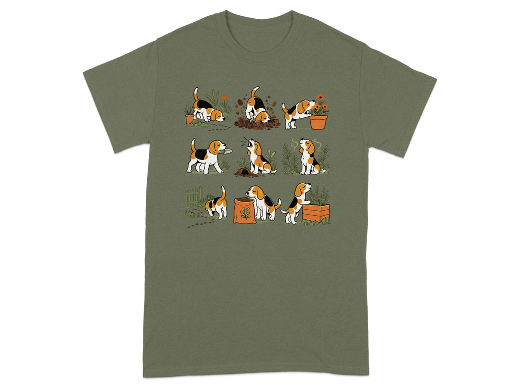 Illustration of beagles interacting with plants, pots, and gardening supplies in multiple panels.