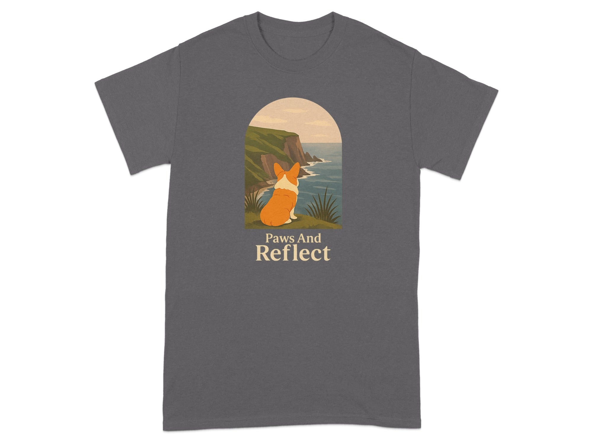 Orange corgi sits on cliff overlooking ocean, with text "Paws And Reflect".