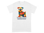 T-shirt featuring colorful geometric dog illustration with text "feral little creature, perfectly formed."