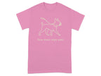 Pink t-shirt with a light line drawing of a dog on a leash and text.