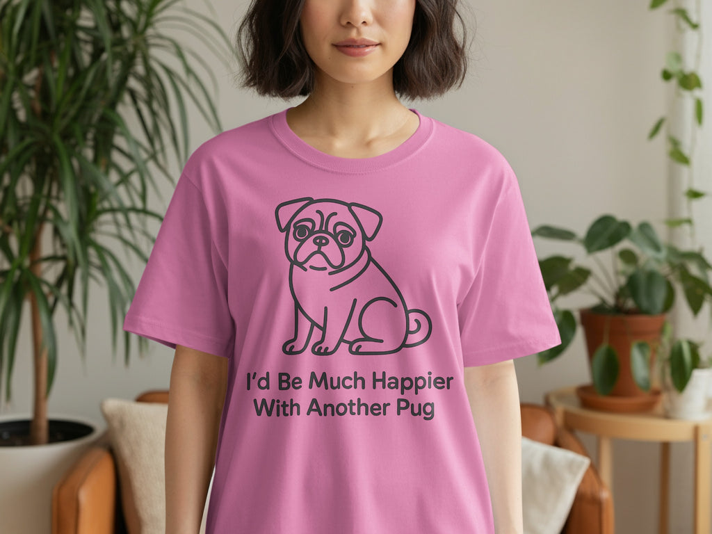 Pink t-shirt with a pug illustration and the text "I'd Be Much Happier With Another Pug".