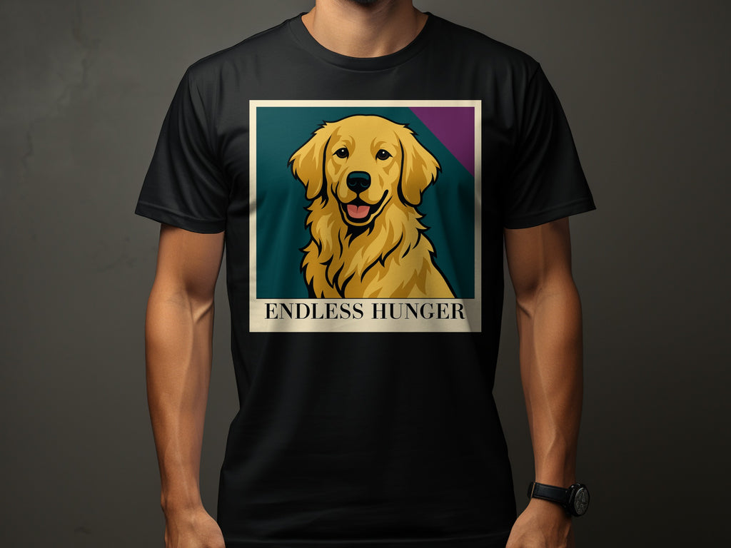 Black t-shirt with a Golden Retriever illustration and the text "ENDLESS HUNGER".