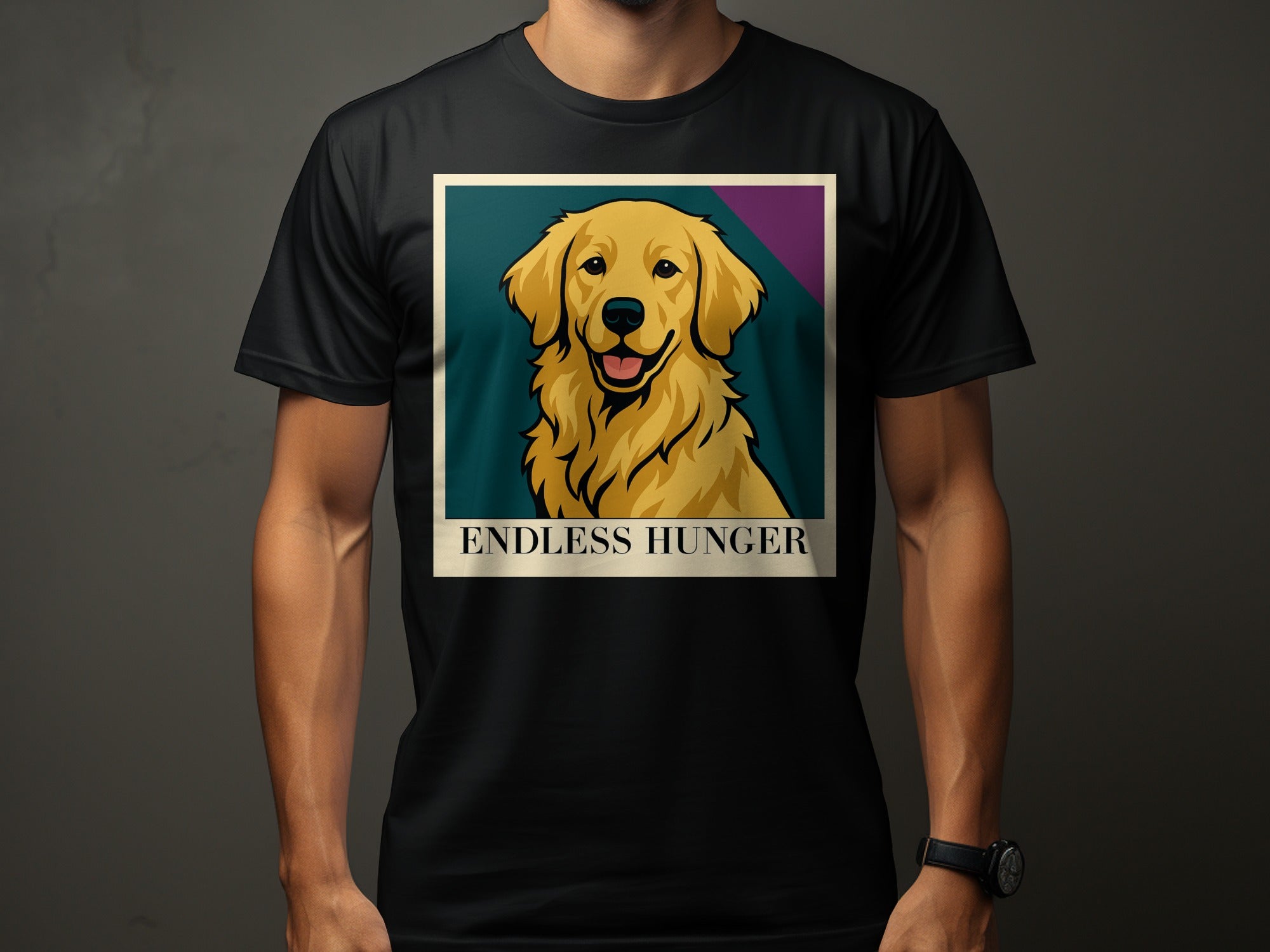 Black t-shirt with a Golden Retriever illustration and the text "ENDLESS HUNGER".