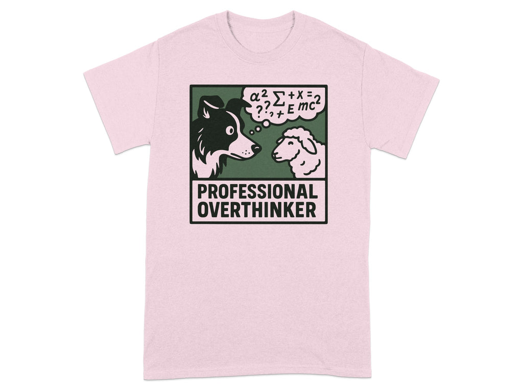 Pink t-shirt with a border collie and sheep contemplating "E=mc²".