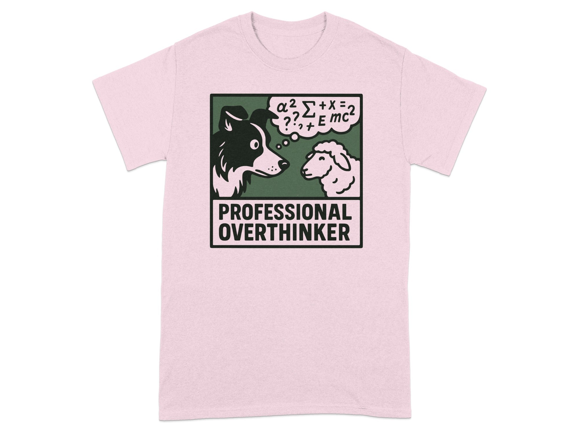 Pink t-shirt with a border collie and sheep contemplating "E=mc²".