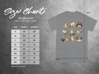 Gildan 5000 Heavy Cotton T-Shirt size chart with dogs and wine illustrations.