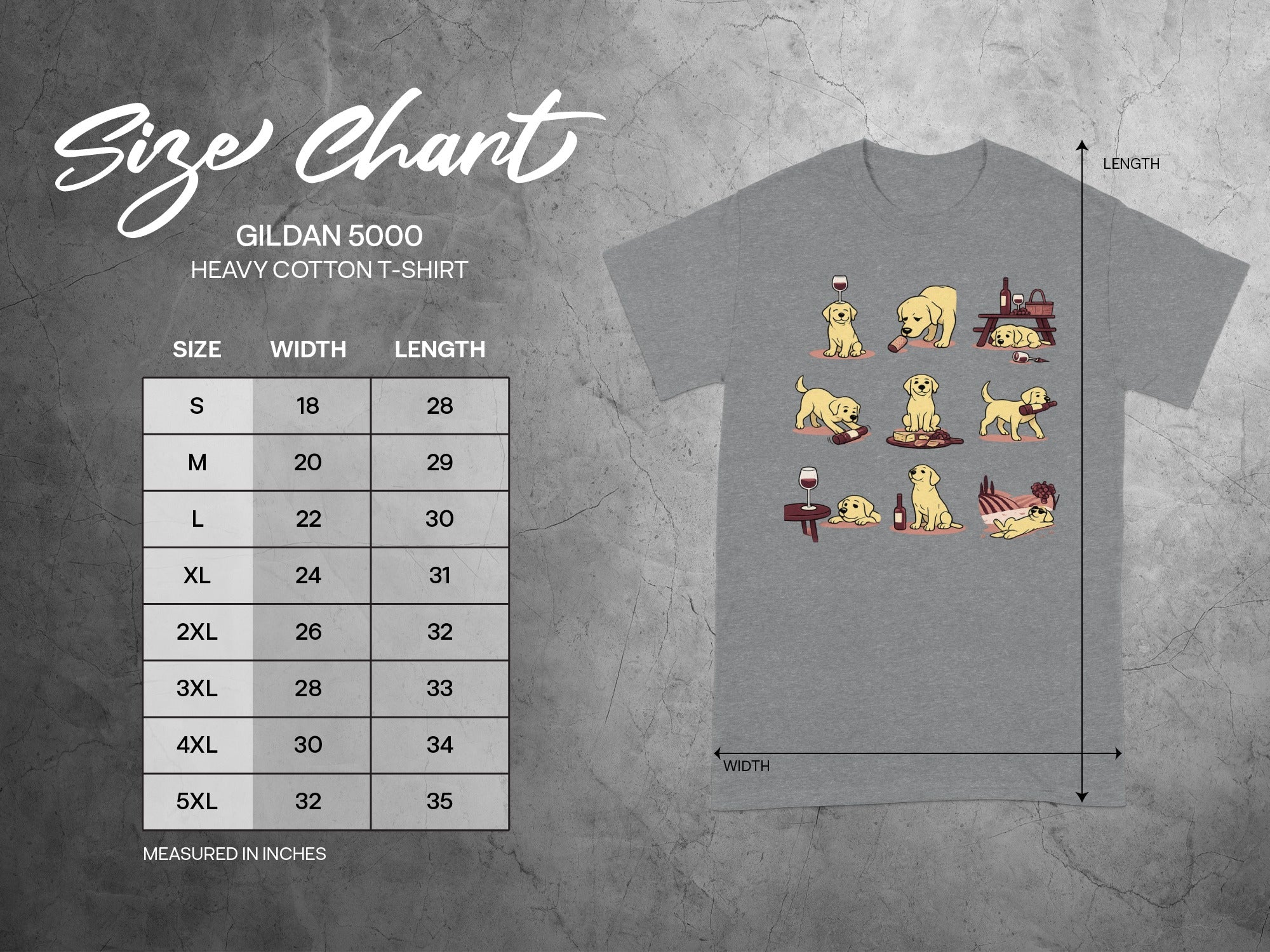 Gildan 5000 Heavy Cotton T-Shirt size chart with dogs and wine illustrations.