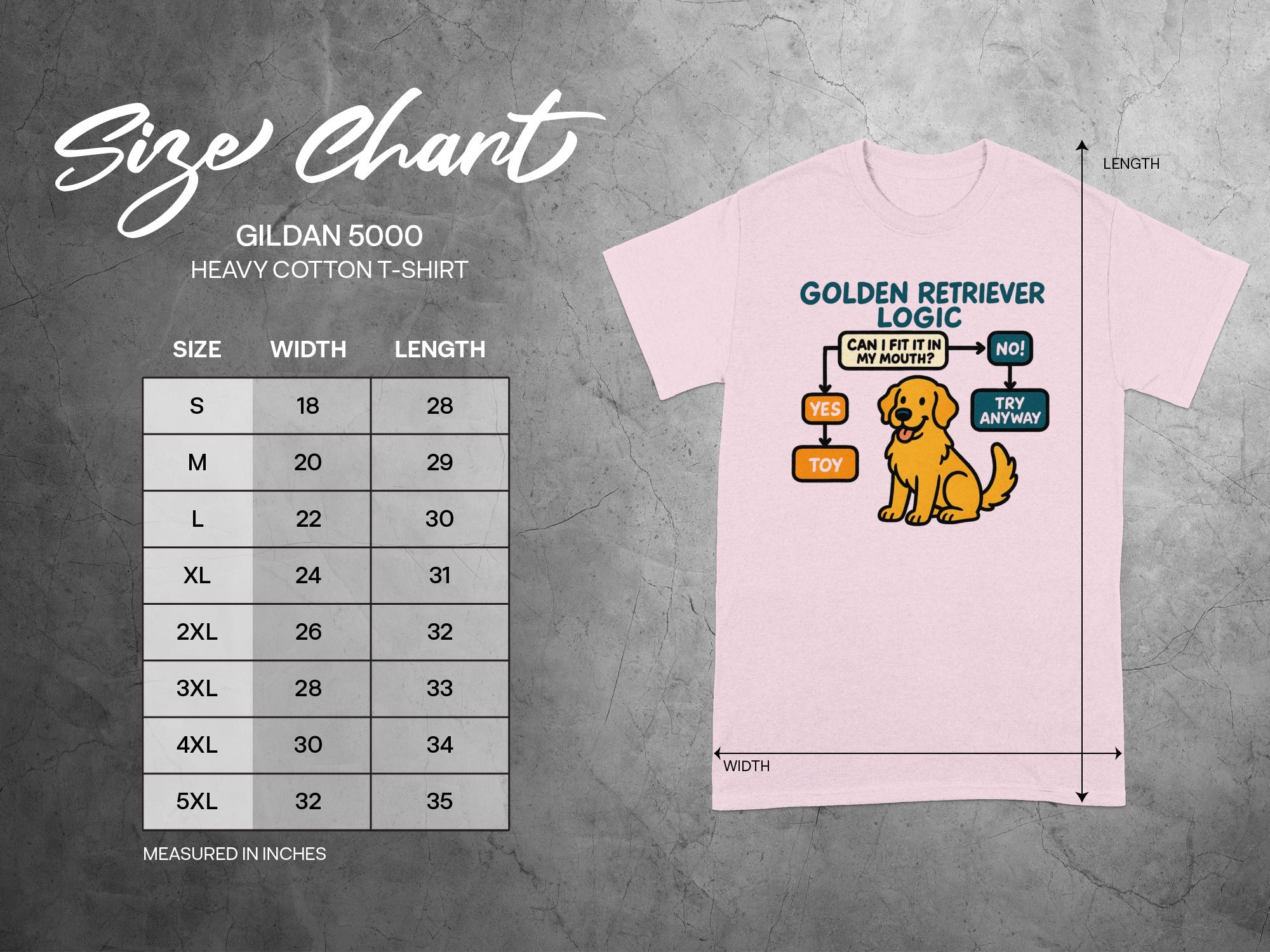 Gildan 5000 heavy cotton t-shirt size chart with Golden Retriever logic graphic.