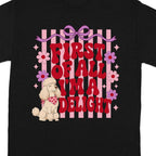 Black t-shirt with pink and purple stripes and "First of all, I'm a delight" text.
